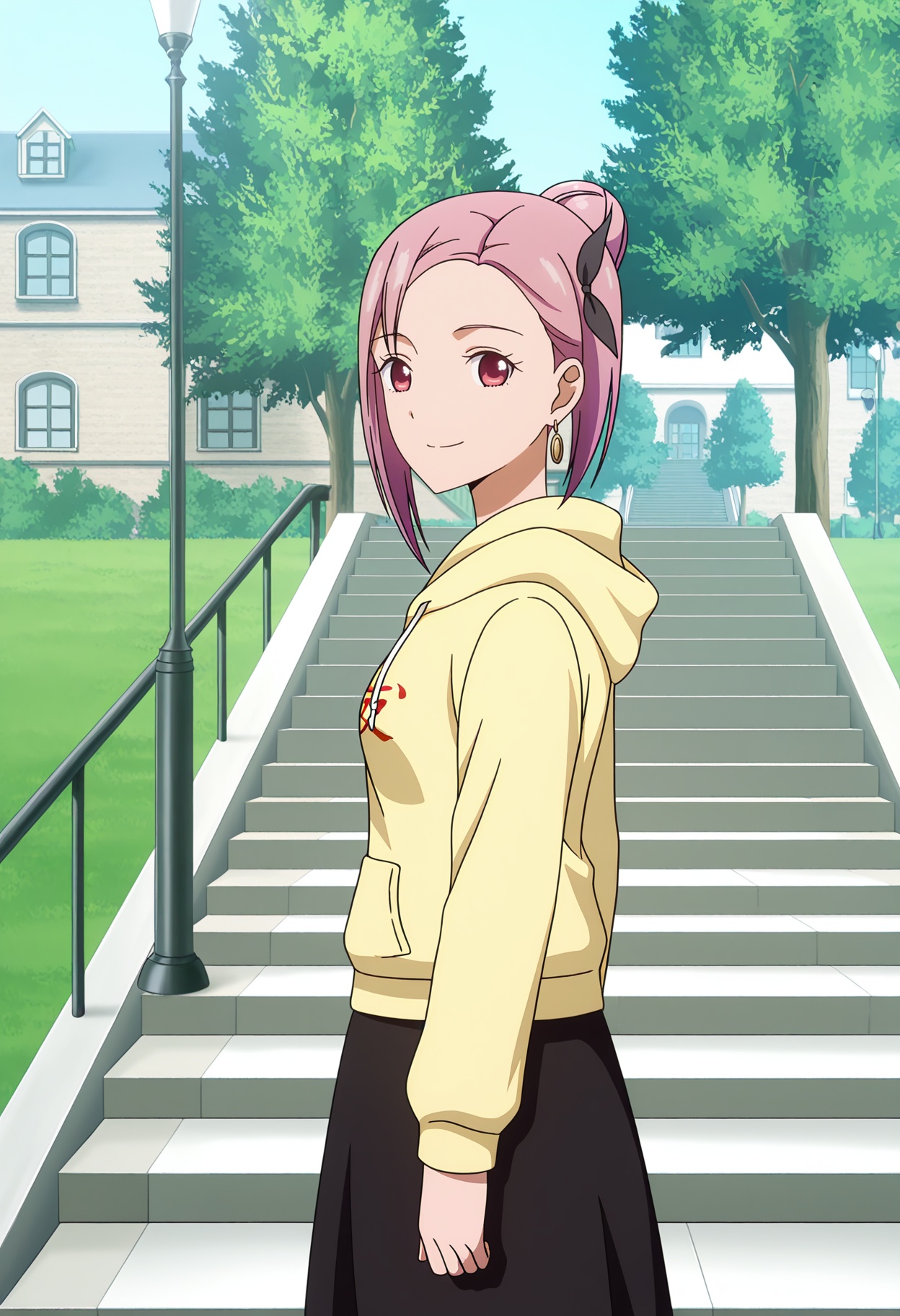 <lora:Tsubame KOYASU_illustrious-000018:1>,1girl,solo,Tsubame KOYASU,smile,hood,hoodie,outdoors,tree,looking at viewer,hair ribbon,skirt,stairs,day,ribbon,lamppost,earrings,yellow hoodie,building,black skirt,single hair bun,anime screencap,pink hair,
