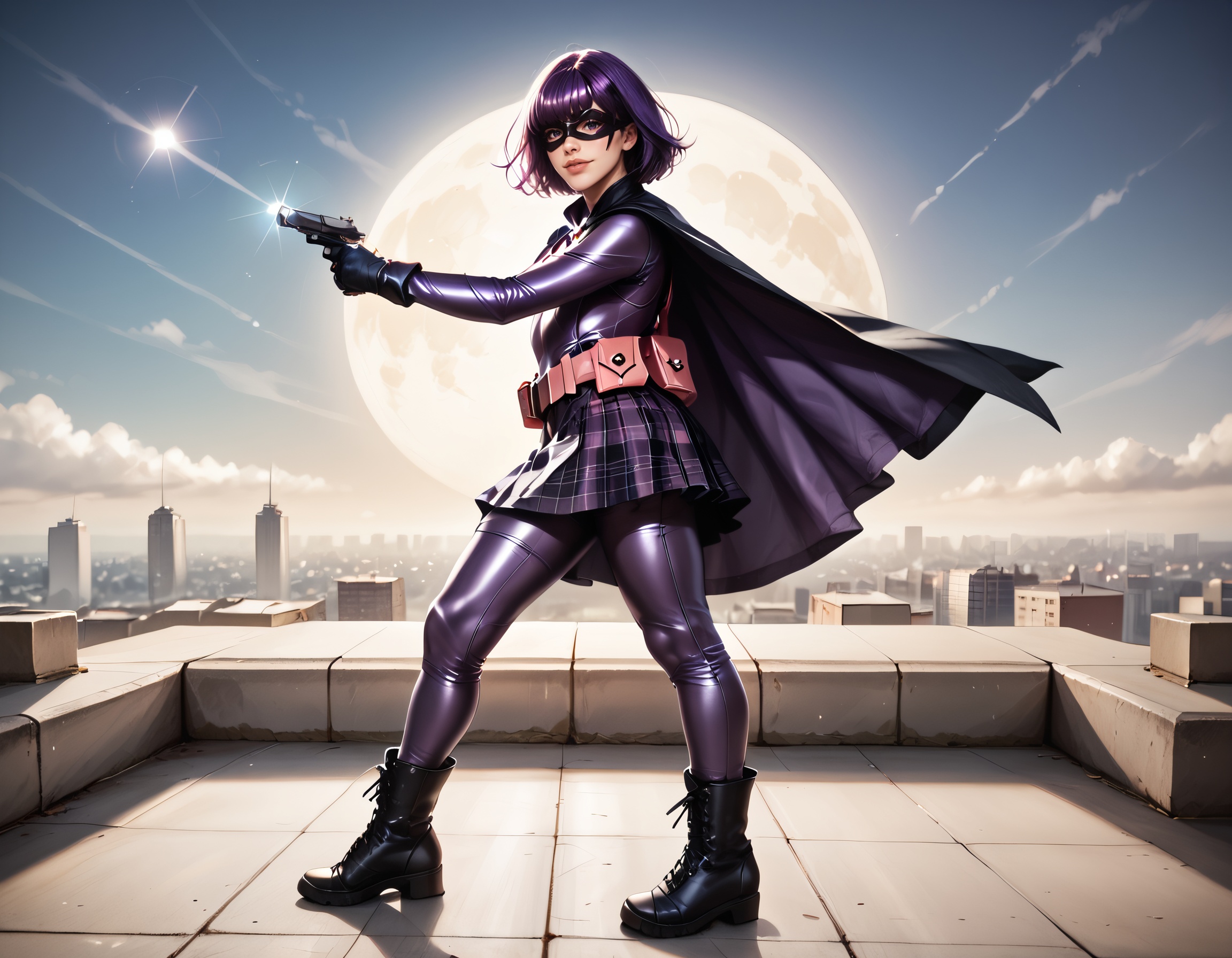 hitgirlcosplay,  [side view]A girl,  posing with a superheroic jumping pose on Tensor.Art
