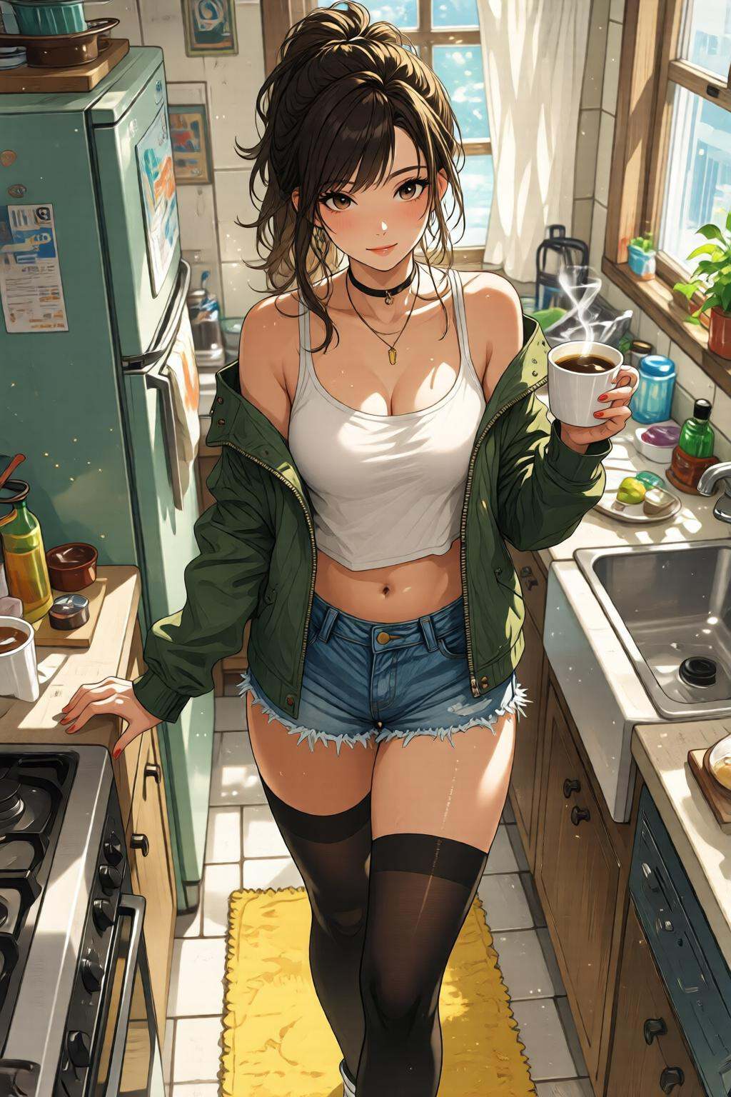nijidigital3q anime illustration.Overhead view of a young woman standing in a kitchen. She is wearing a white **** top and...