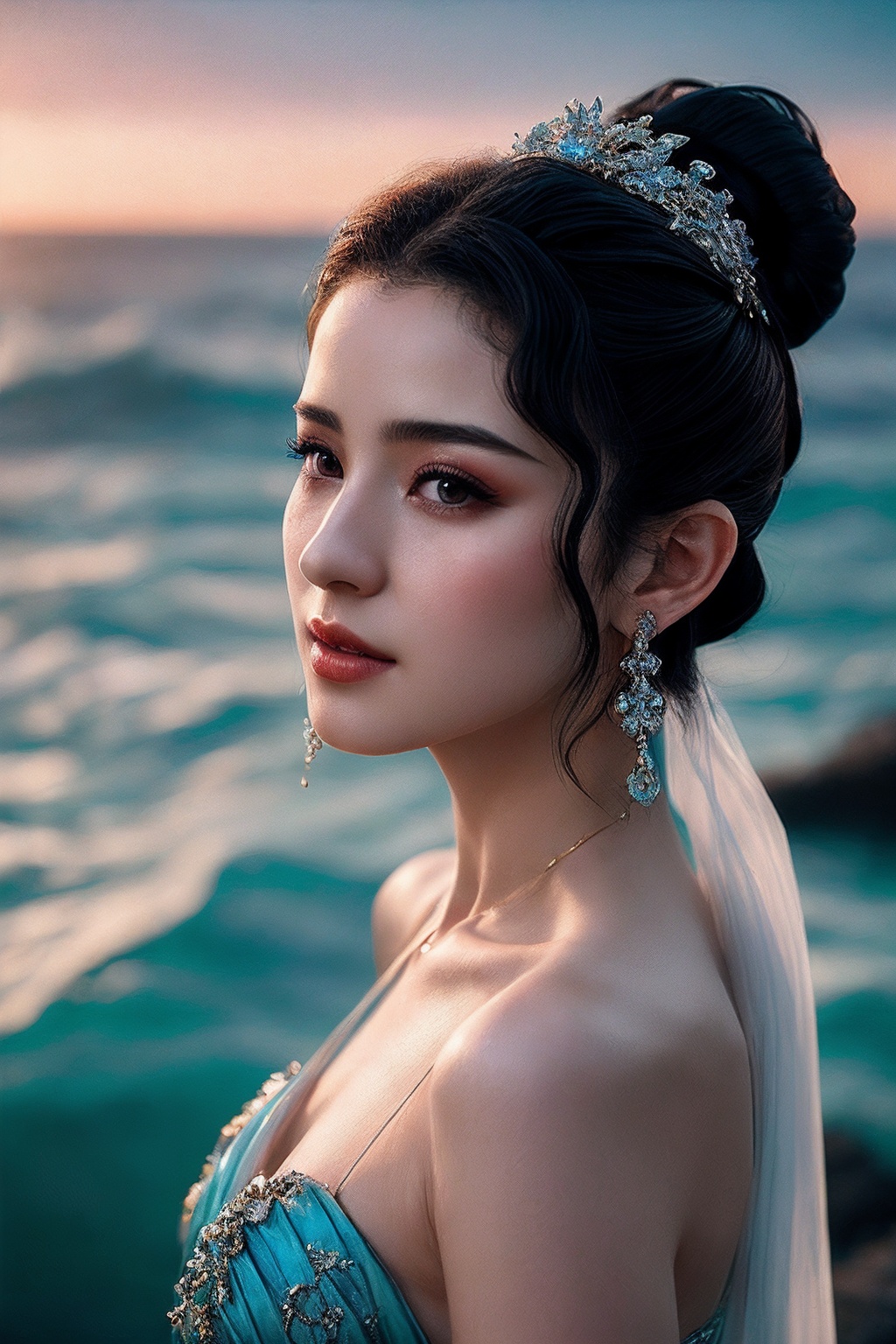 VG09_SoloTI_v1,  (In a billowing gown of sapphire-blue chiffon,  adorned with iridescent seashells and seaweed on Tensor.Art