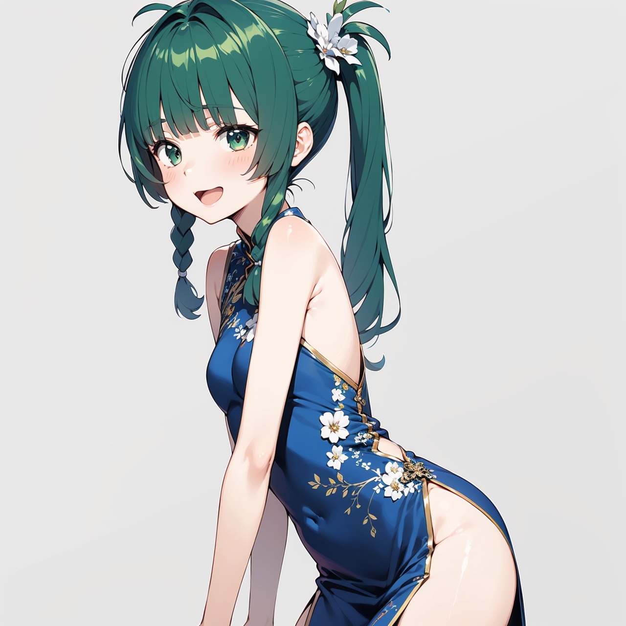 1girl,solo,long hair,breasts,looking at viewer,blush,smile,open mouth,bangs,simple background,hair ornament,dress,ribbon,bare shoulders,twintails,green eyes,blue hair,braid,flower,:d,sidelocks,small breasts,green hair,sleeveless,hair flower,blunt bangs,grey background,twin braids,from side,bare arms,leaning forward,no panties,sleeveless dress,blue dress,chinese clothes,white flower,china dress,side slit,cross-laced clothes,sideless outfit,qing-yi,