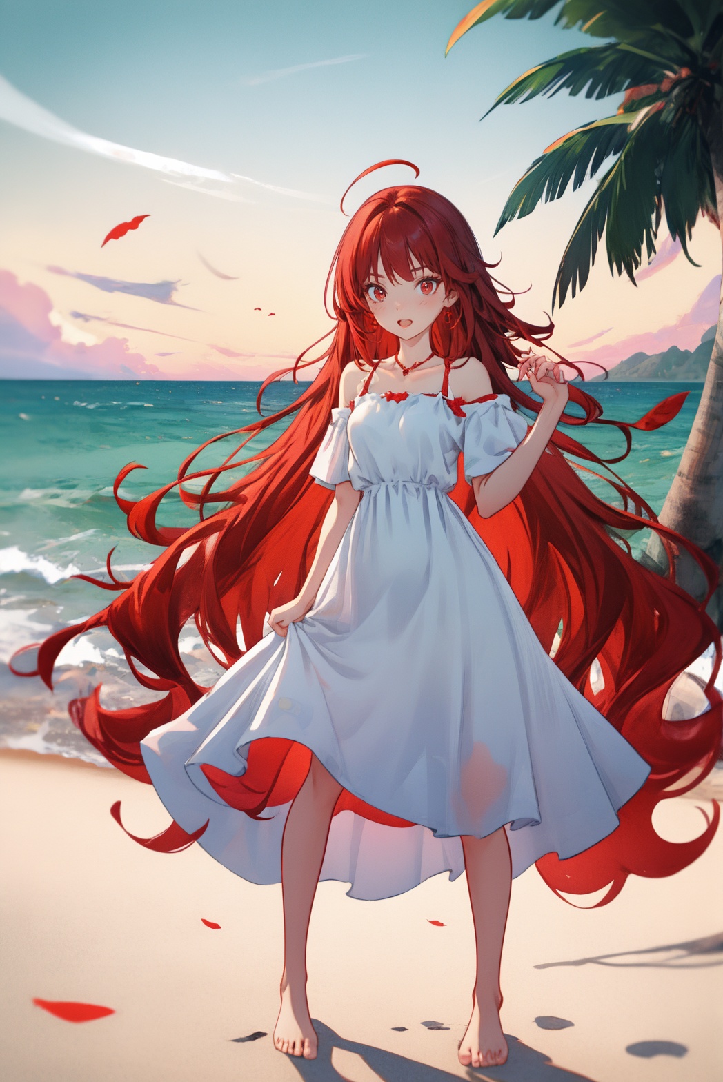 cinematic photo (illustration:1.1),official wallpaper,.,<lora:1幼+2or成熟-2 Mature-Cute:0.25>,<lora:2细节SYK_Mild detail adjuster_V1.0_256（MAX）:0.35>,.,.,.,full body,.,solo,.,.,sundress,red eyes,red hair,outdoors,beach, . 35mm photograph, film, bokeh, professional, 4k, highly detailed