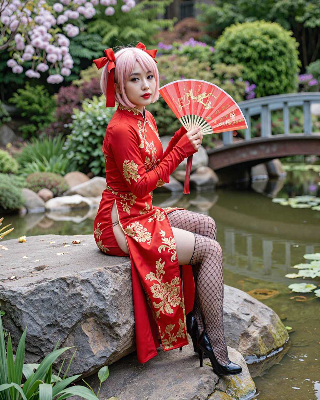 This photograph captures a young woman in a vibrant,  traditional Chinese-inspired cosplay set against a serene,  lush gar...