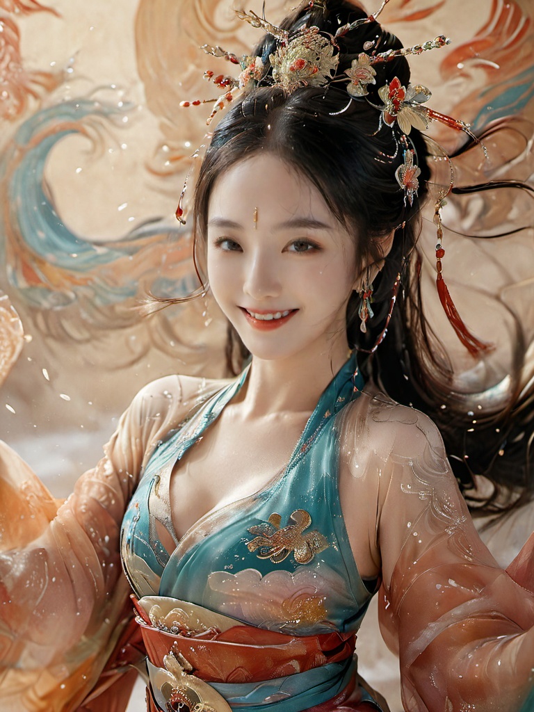 dunhuang,1girl,solo,black hair,hair ornament,smile,chinese clothes,long hair,upper body,shawl,looking at viewer,dress,forehead mark,breasts,sash,makeup,hagoromo,<lora:dunhuang-000008:0.8>,, best quality, ultra-detailed, masterpiece, finely detail, highres, 8k wallpaper