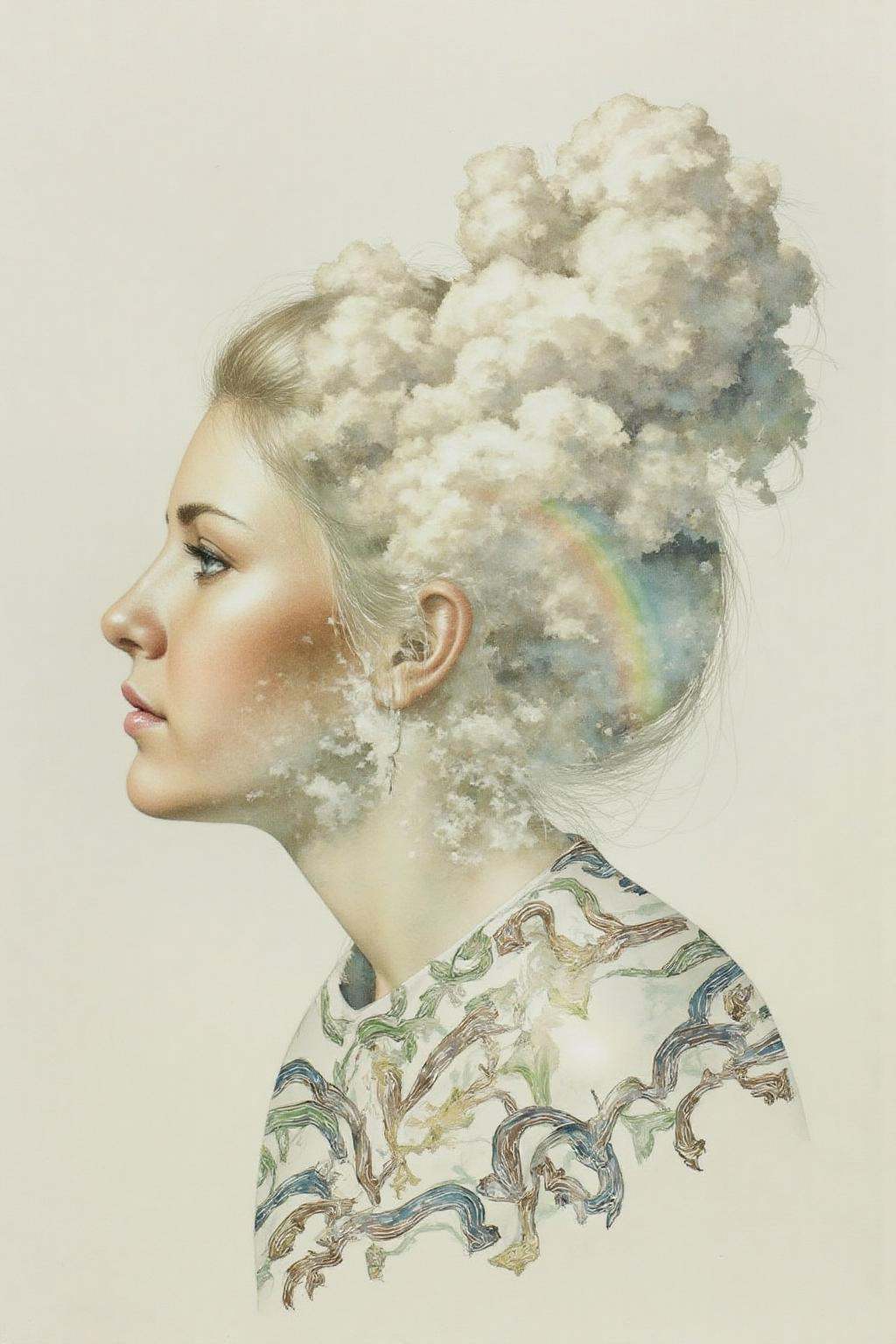 Portrait painting. Profile of a woman with a serene expression,  looking to the left. Her hair blends seamlessly into a cl...