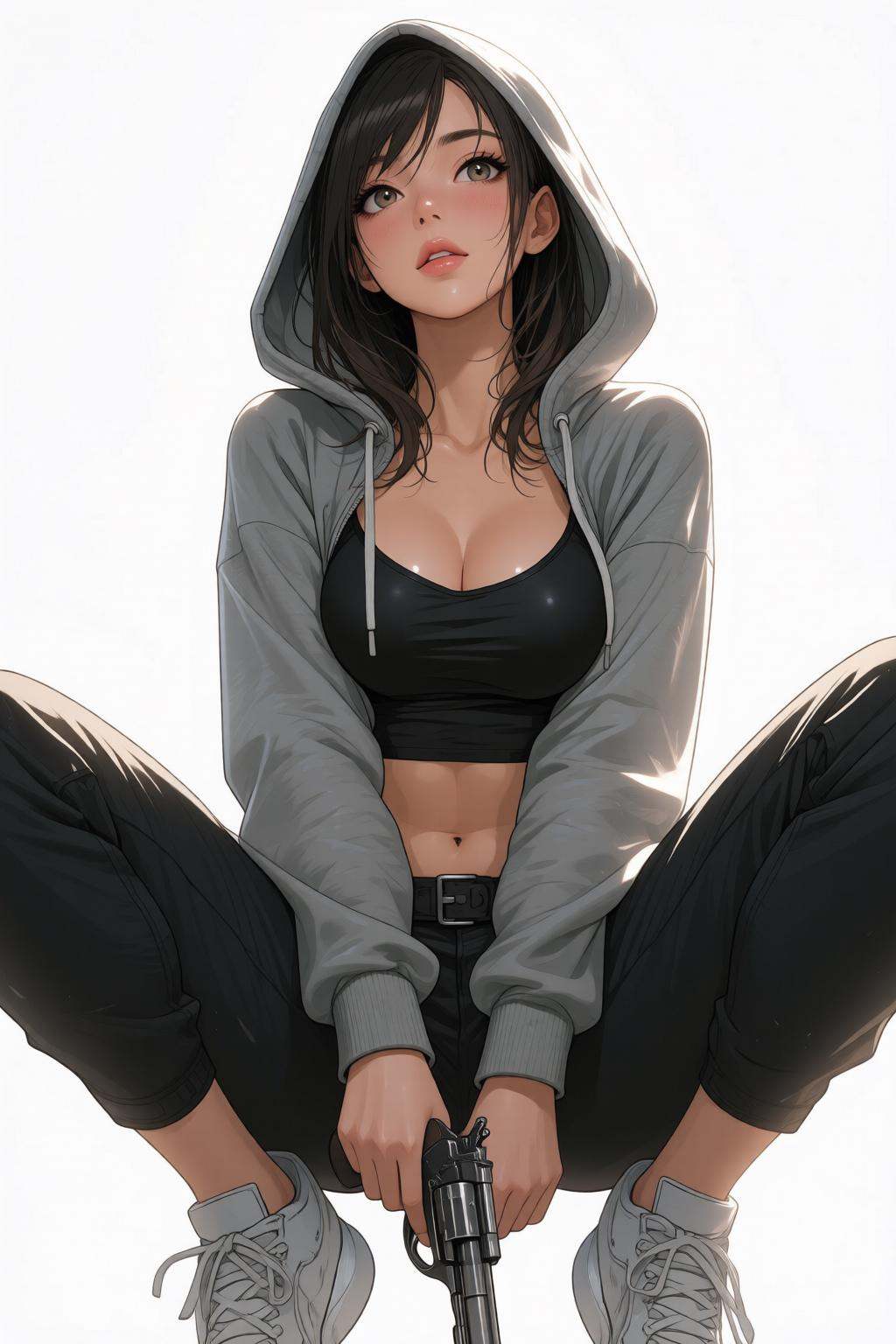 nijimix6q anime style illustration.Low angle shot of Woman wearing a hooded,  grey sweatshirt and a black **** top underne...
