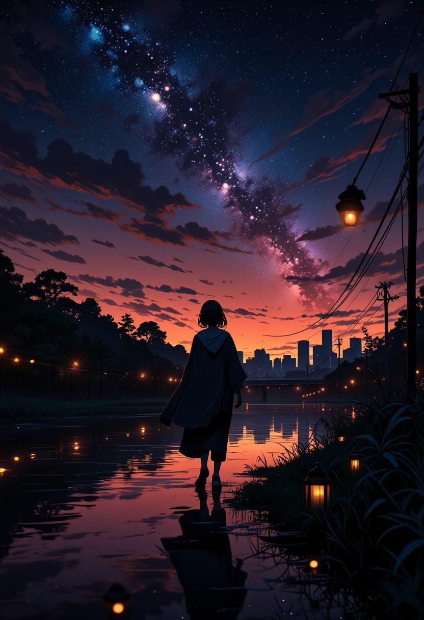 dawn scene of a wanderer silhouetted against the vast sky. The scene showcases a Bangkok sky filled with shimmering stars...