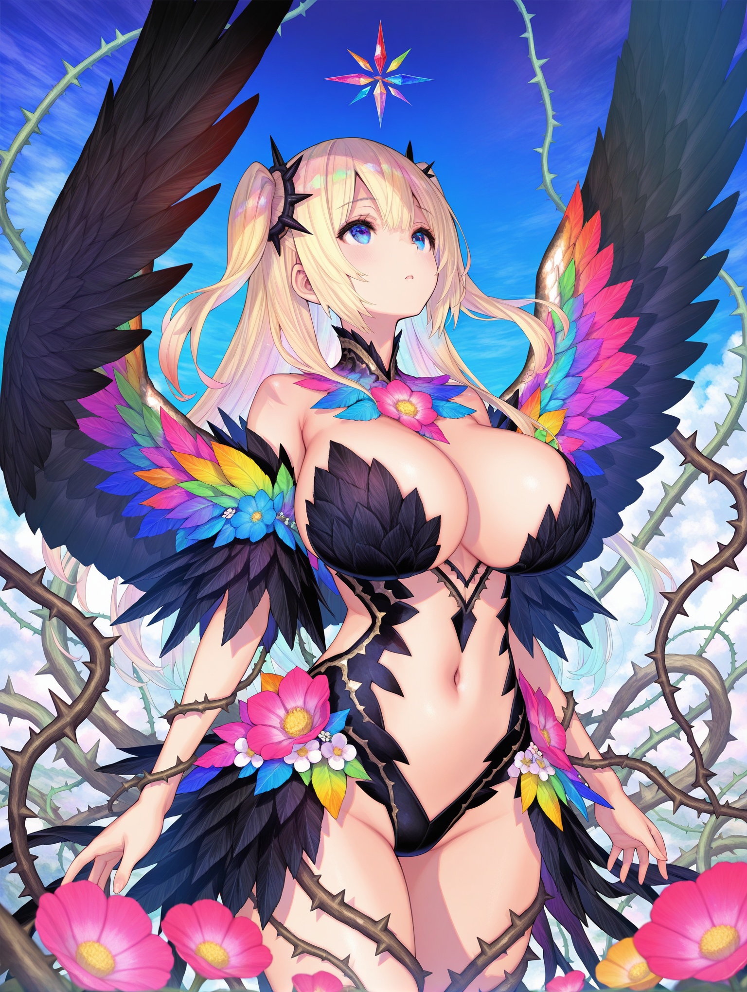 nidy, fuzichoco, colorful, 1girl, solo, navel, covered, feather clothing, flower clothing, flower, huge breasts, wings, plant, looking up, feathered wings, black wings, thorns, roots, facing one_side_up,,masterpiece,best quality,amazing quality,