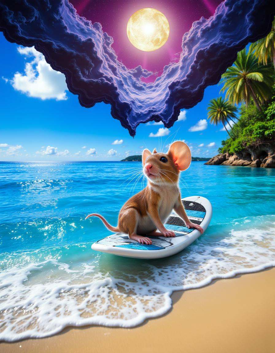 At the bottom of the image is a funny mouse on a surf board,  enjoy the waves,  beautiful colors on Tensor.Art
