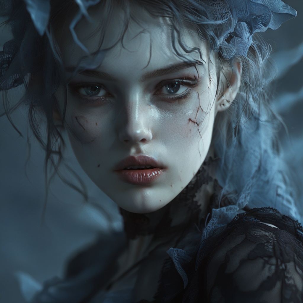 photo of a fantasy character,  giving a dreamy atmosphere. The lighting is dim and natural,  blue-gray color palette. The...