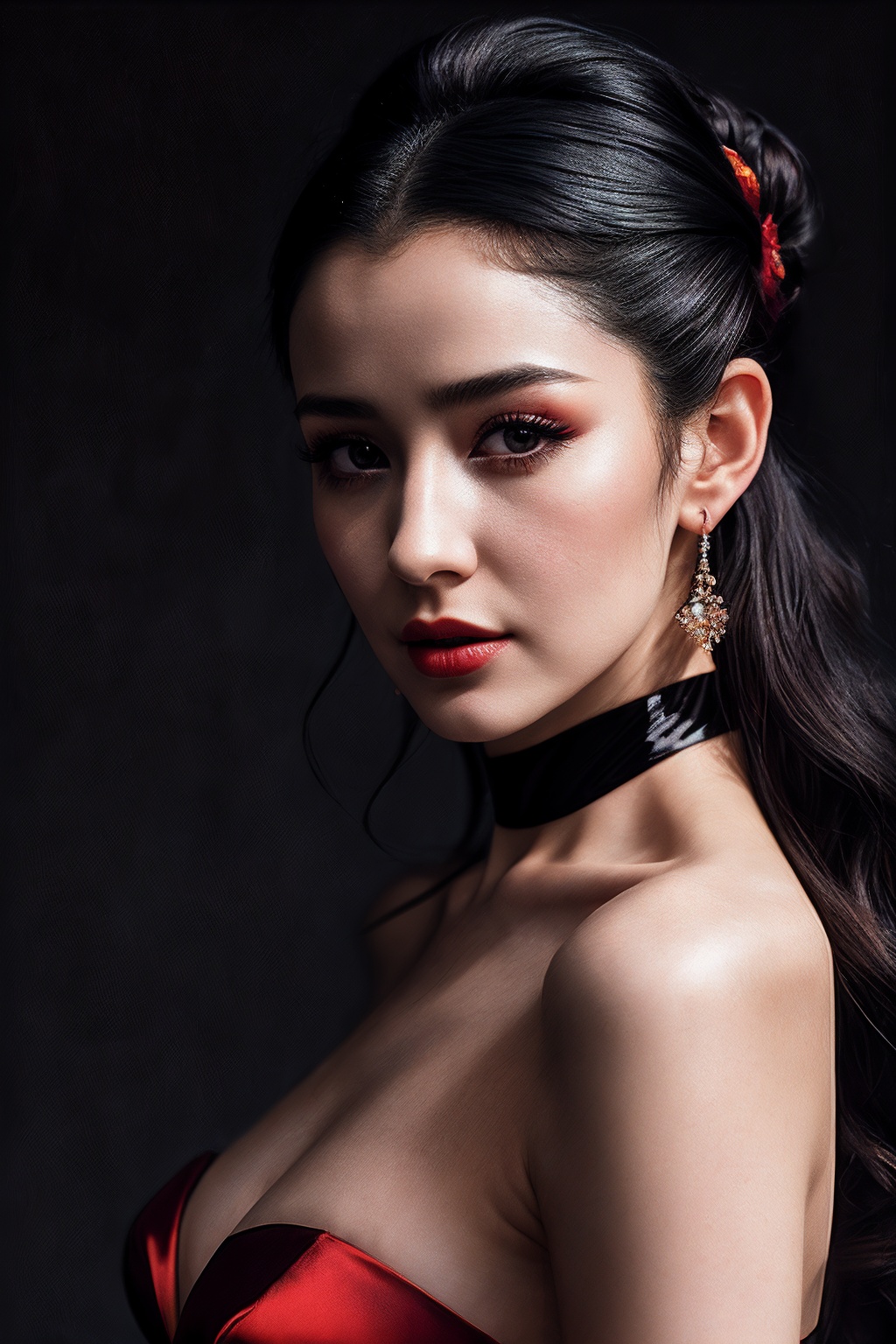 VG09_SoloTI_v1,  (In a sleek,  form-fitting red satin dress with a plunging neckline on Tensor.Art