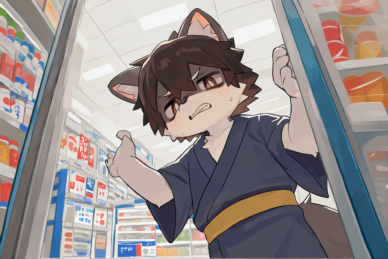1boy,convenience store,kimono,shota,disgust,furry,from_below,