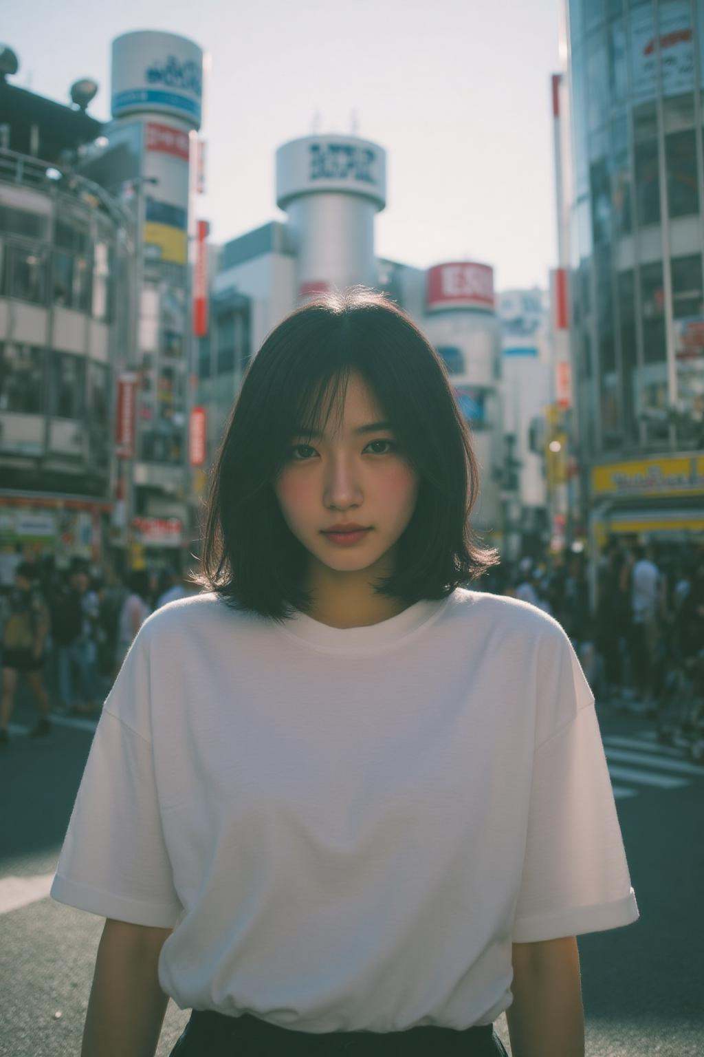 midjourney analog photograph. A 1980s young Japanese woman with shoulder-length hair stands in the middle of a bustling ur...