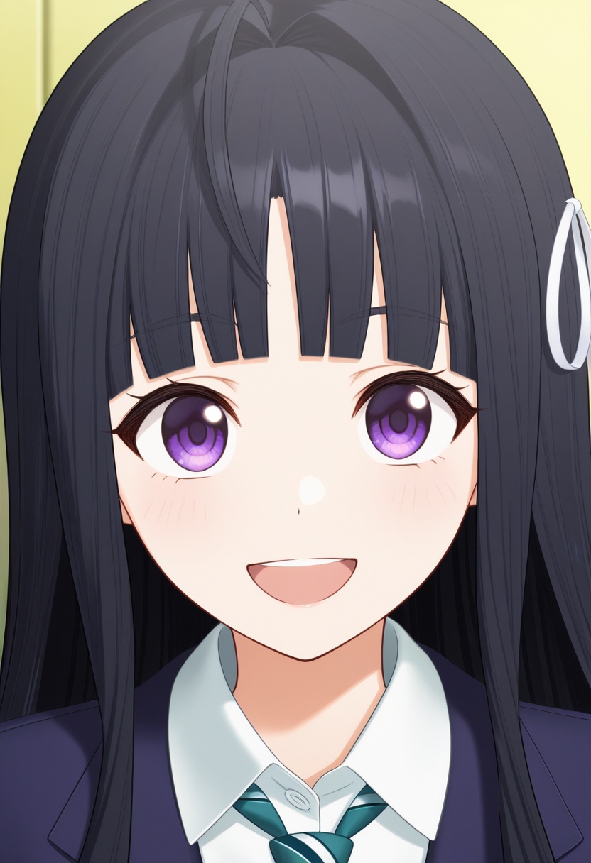 <lora:486_v1.0_illustrious-000018:1>,SUBARUAWA,solo,purple eyes,long hair,necktie,black hair,hair ribbon,ribbon,smile,looking at viewer,shirt,portrait,school uniform,open mouth,blunt bangs,blush,collared shirt,jacket,white shirt