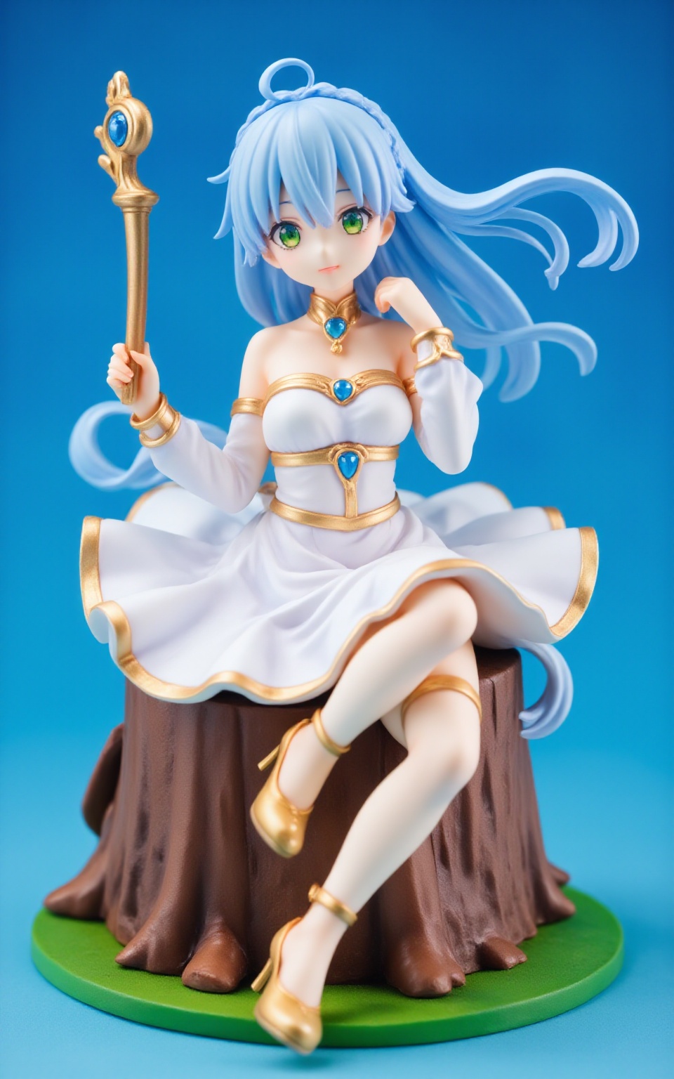 pvcstyle,1girl,sitting on tree stump, holding staff, strapless dress, french braid, floating hair, high heels, long bangs, holding, blue background, strapless, green eyes, blue gemstone, sidelocks, staff, blue hair, gold footwear, solo, gem, gold trim, white dress, chest jewel, hair between eyes, bare shoulders, looking at viewer, dress, detached sleeves, parted bangs, gold bracelet, full body, braid, long sleeves, long hair,masterpiece, newest, absurdres, safe<lora:pvcstyle:1>​​​