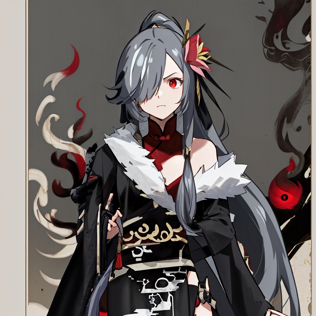 hair over one eye, ponytail, senti, hair flower, polearm, chinese clothes, grey hair, hair ornament, red eyes, solo<lora:识之律者-废案:0.8>