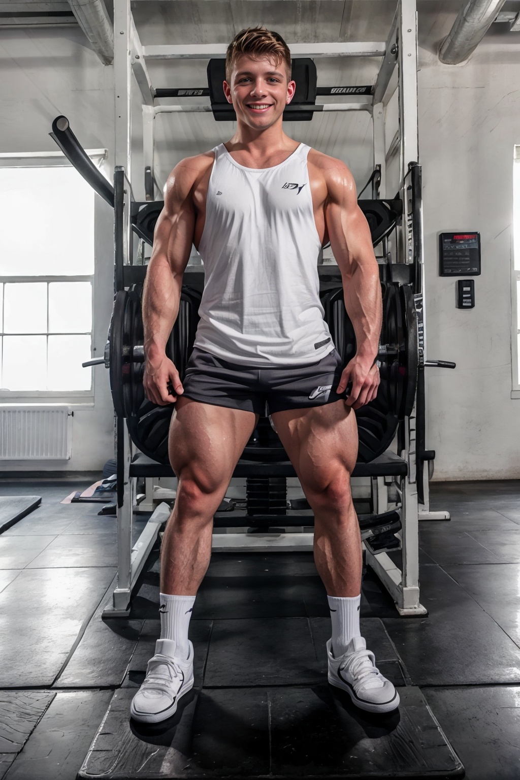 gym,  standing beside a weight machine,  smiling on Tensor.Art
