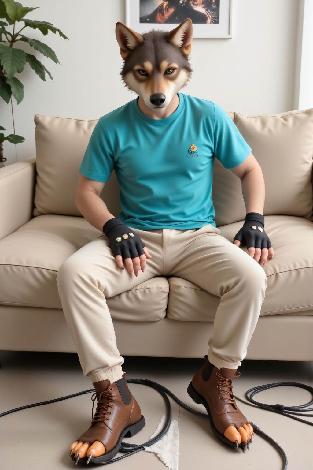 The image shows a person sitting on a beige couch in a room with a plant in the background. The person is wearing a wolf m...