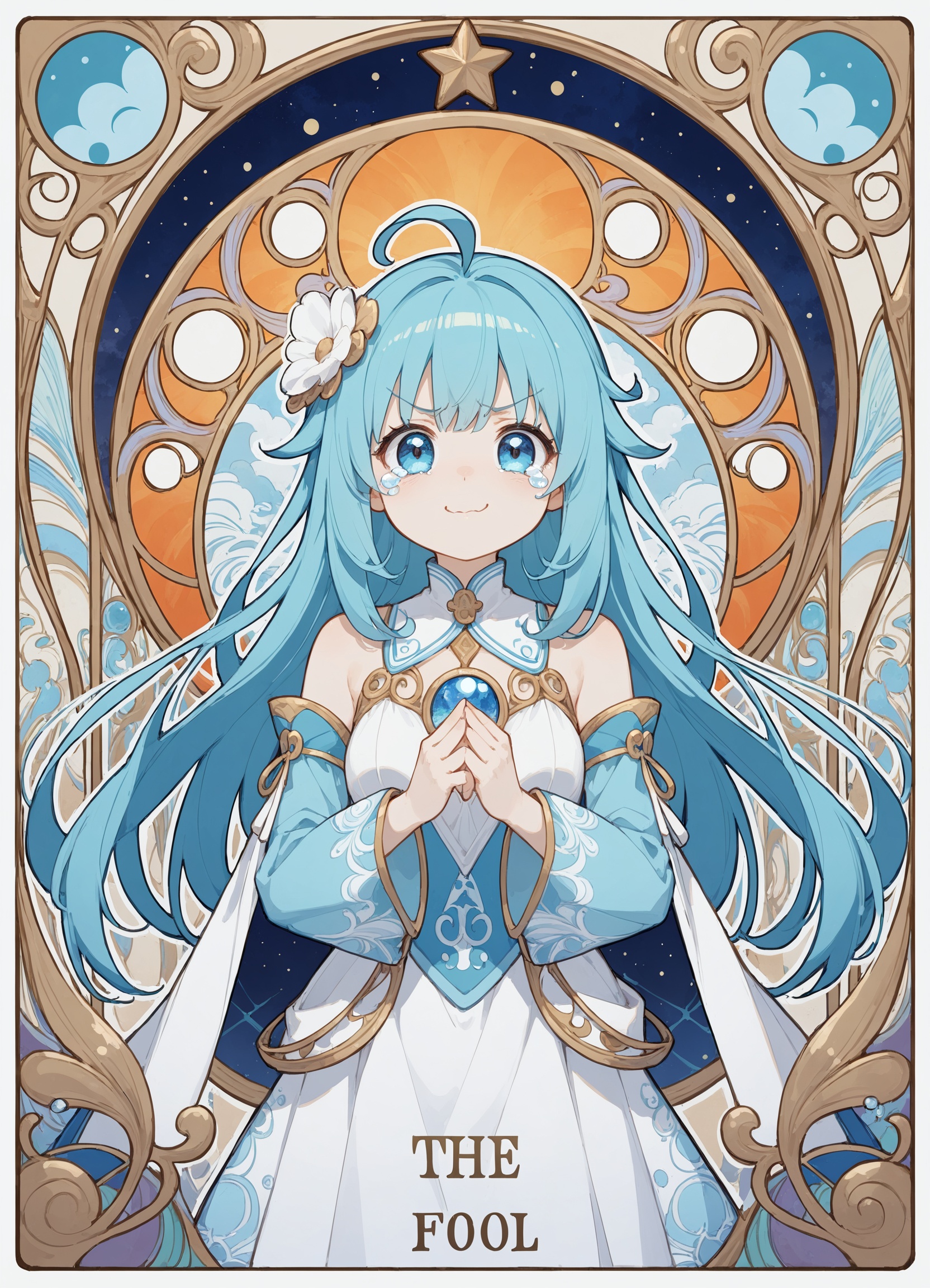 (cowboy shot),(the fool \(tarot\):1.4),(gradient tarot card:1.4),(art nouveau:1.4),frame,tarot,pattern,texture,1girl,solo,(masterpiece, best quality),kawaii,(aqua \(konosuba\):1.2),blue hair,blue eyes,blue shirt,bow,detached sleeves,skirt,thighhighs,bare shoulders,water,fountain,long hair,ahoge,(jitome:1.4),(evil smile:1.2),wedding_dress,bare shoulders,closed mouth,tears,wavy mouth,tearing up,pout,:i,meme,:t,parody,frown,v-shaped eyebrows,crying,sad,crying with eyes open,puffy cheeks,