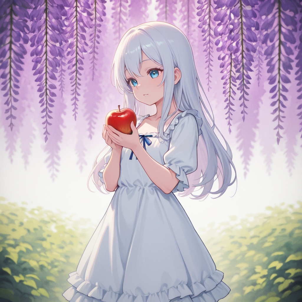 A beautiful young girl with lovely curves in a white dress with frills and a neckline holds a red apple,  ready to bite it...