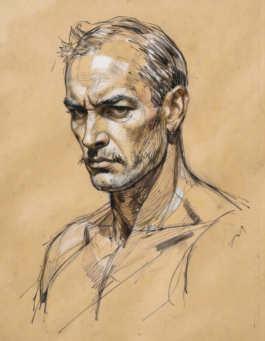 This is a highly detailed and realistic pencil drawing of a middle-aged man with a stern and intense expression. The subje...