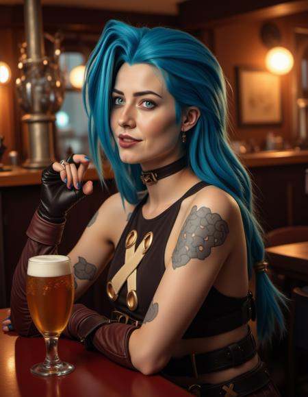 jinx,  a woman with blue hair is having a beer in a pub on Tensor.Art