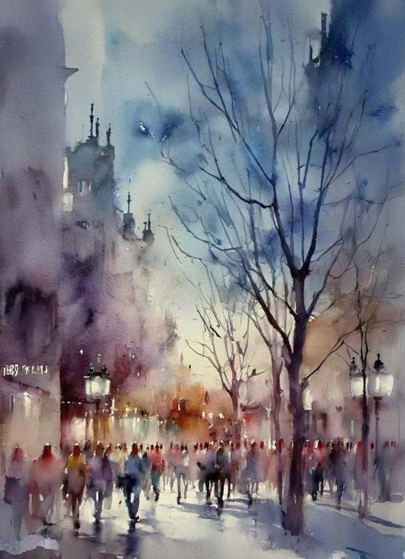 Thomas Schaller,  watercolor style,  city street scene on Tensor.Art