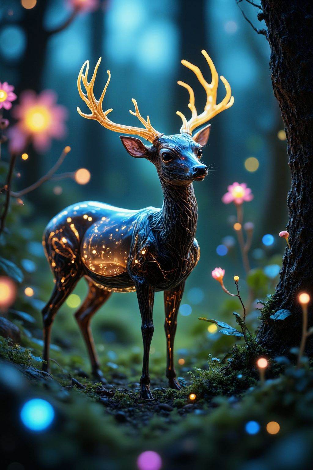 The image depicts a mystical forest scene with a glowing deer standing in the center. The deer has intricate,  glowing pat...