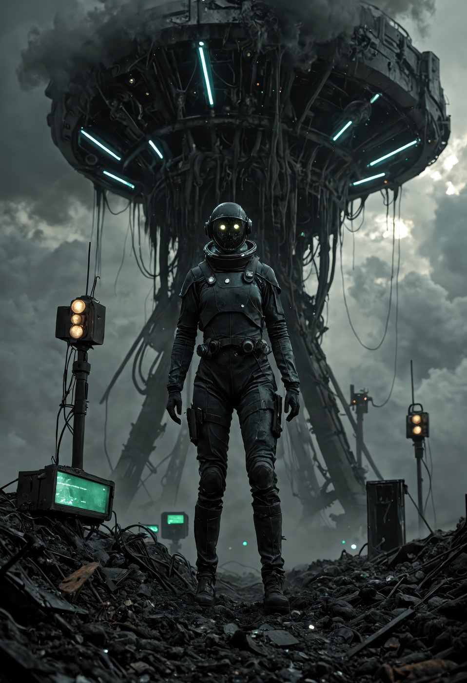 dark cinematic,  a massive derelict deep-space relay station drifts in the void; its scarred,  corroded metallic hull flic...