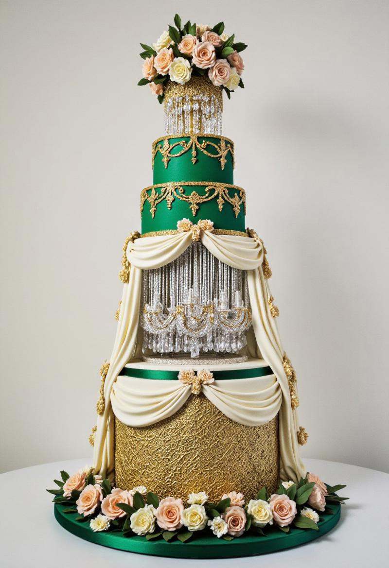 A show-stopping seven-tier cake designed to resemble a grand ballroom chandelier. Each tier is adorned with a blend of eme...