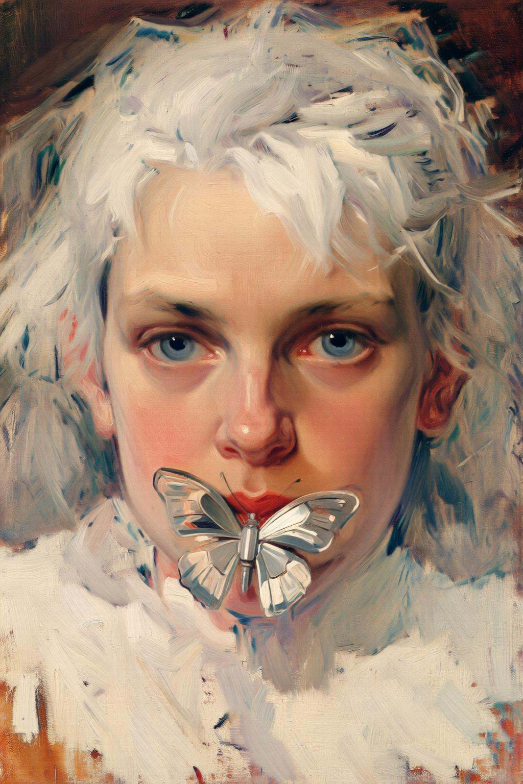 joaquinsorolla3q painting.Closeup of a young Slavic woman with blue eyes,  her white hair styled into a messy bun. She is...