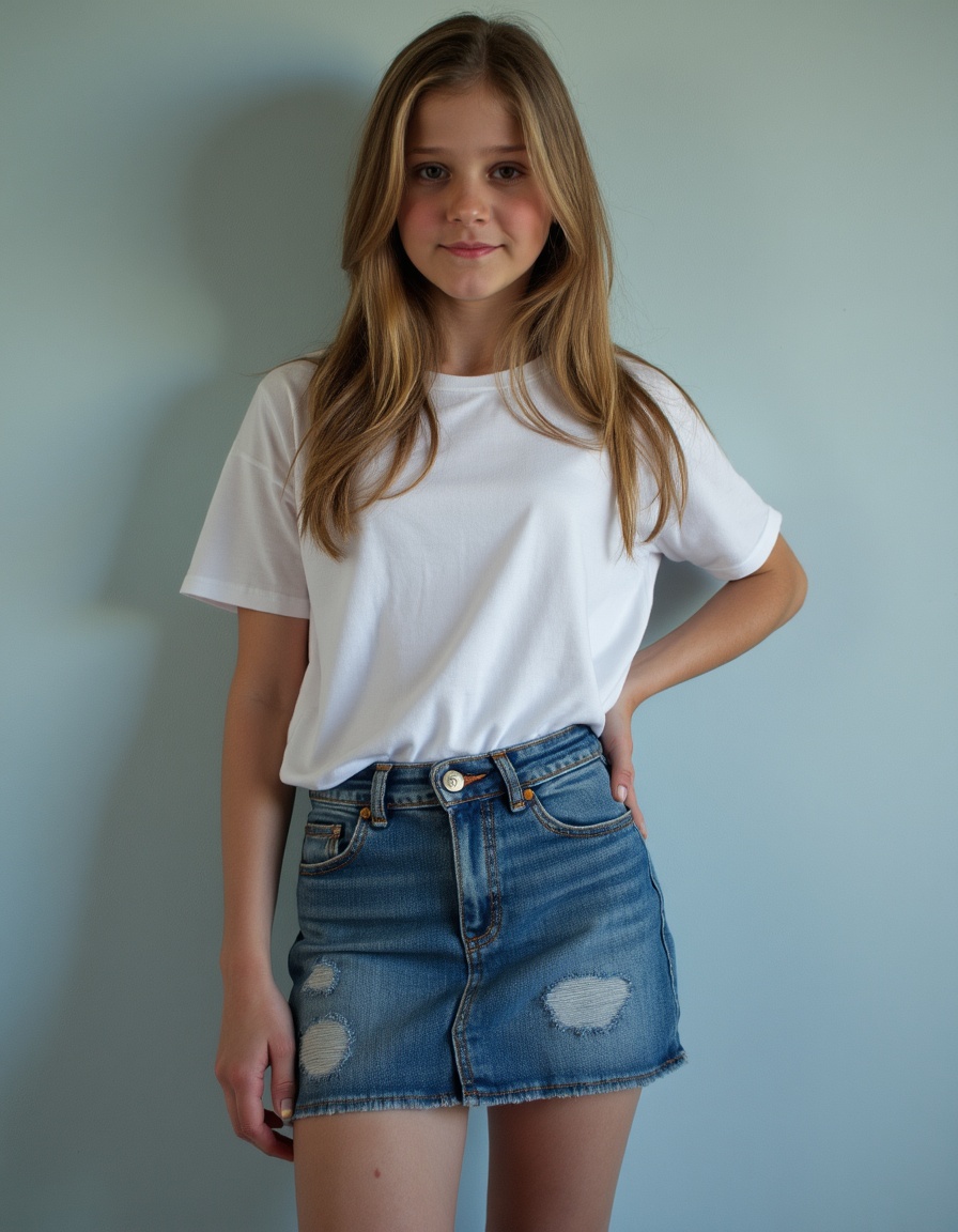 girl,  wearing Denim mini skirt and t-shirt on Tensor.Art