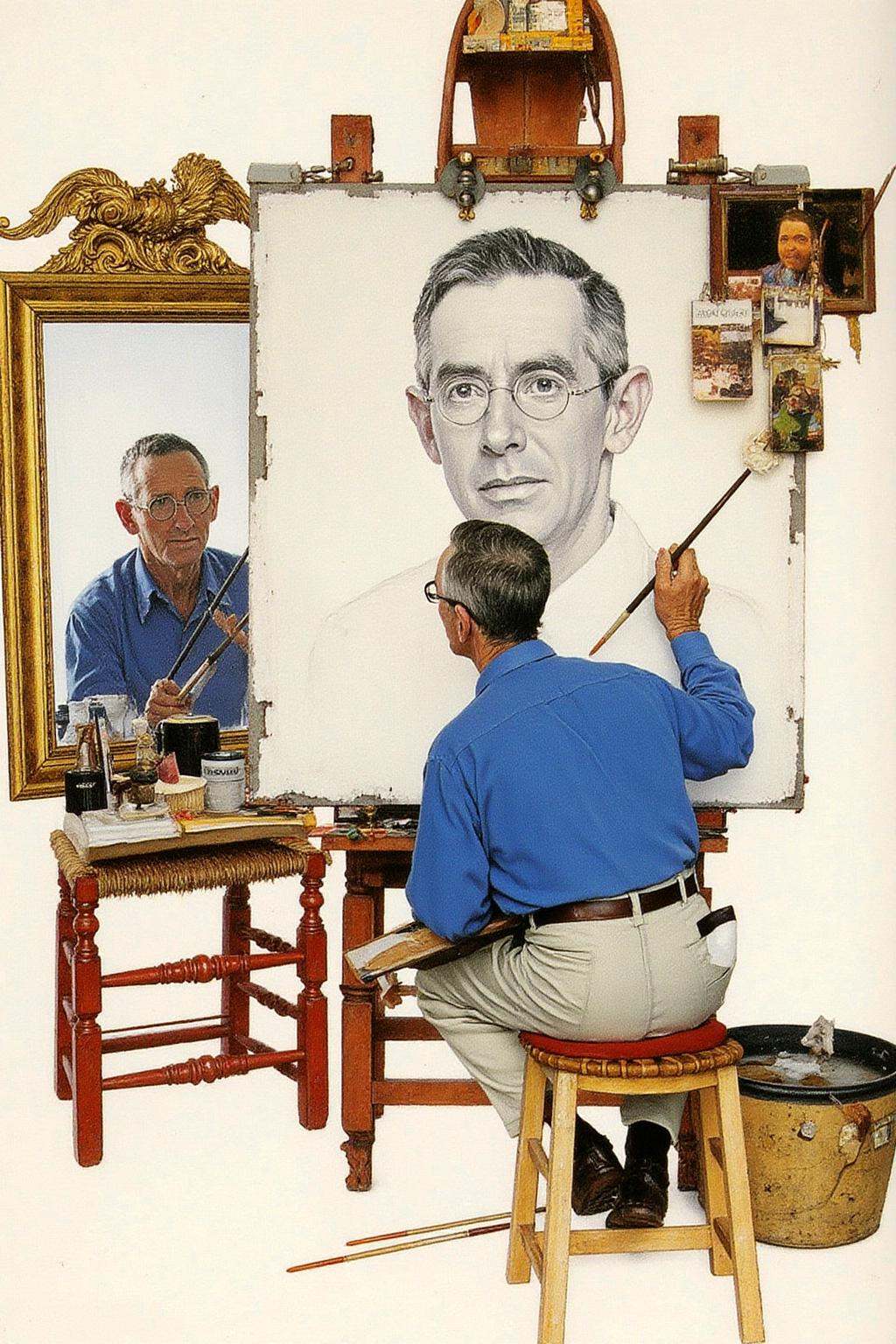 normanrockwell1 painting.A man is shown working in an artist's studio. He is an older man with short,  graying hair,  seat...