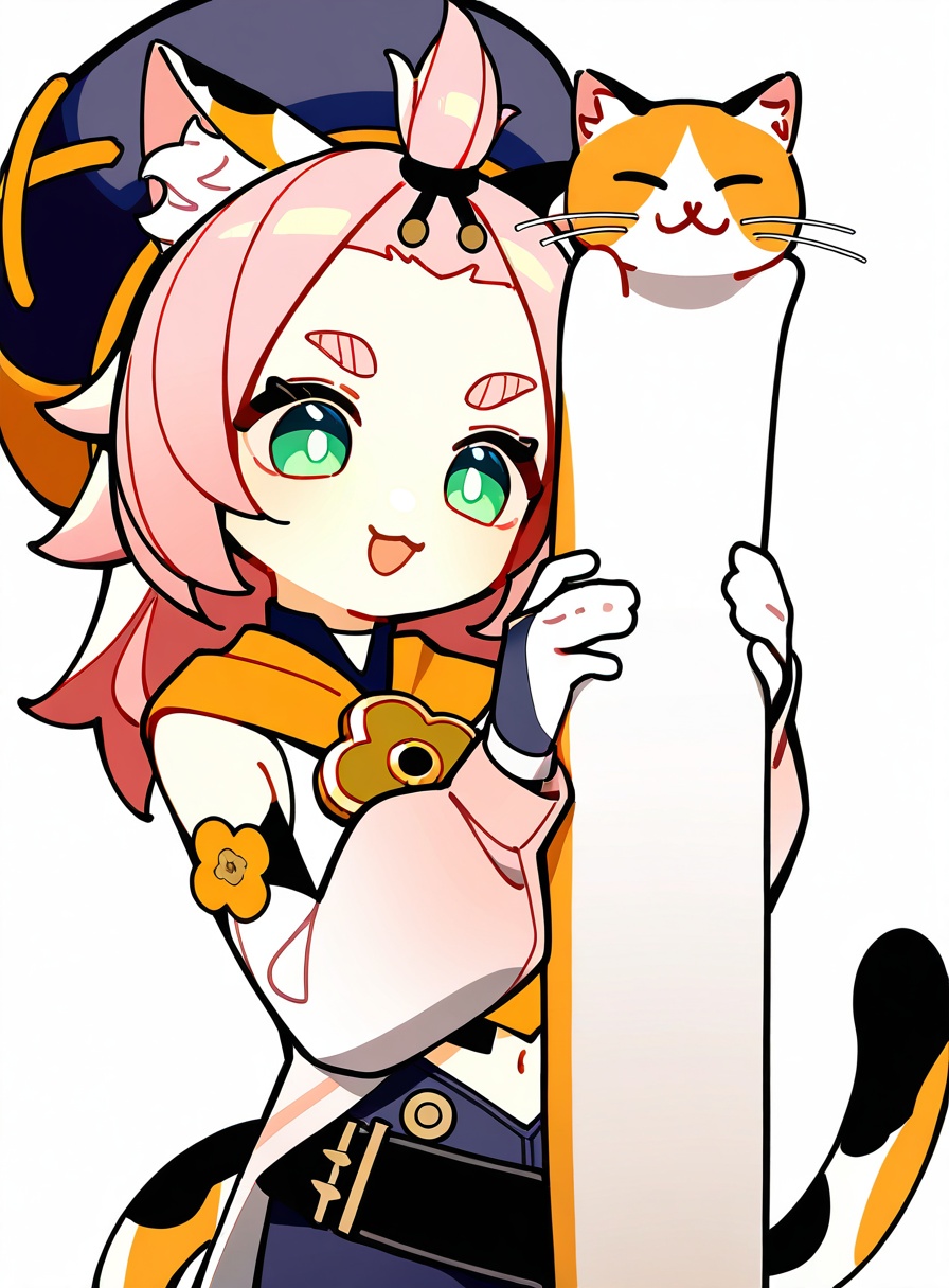 1girl, tianliang_duohe_fangdongye ,diona \(genshin impact\), genshin impact, animal ear fluff, animal ears, cat ears, cat girl, pink hair, short hair, green eyes, cat tail, tail, thick eyebrows, hat, white background, coin, trait connection, jewelry, necklace, puffy detached sleeves, ;3, cabbie hat, hair between eyes, looking away, cat, mora (genshin impact), alternate hairstyle, bangs pinned back, long hair, hat, navel, forehead, holding cat, stomach, detached sleeves, smile, longcat (meme), ;d, meme, holding, puffy short sleeves, puffy sleeves, short sleeves, alternate costume, animal, simple background, holding animal, hair down, coin hat ornament, sidelocks,masterpiece, newest, absurdres, safe