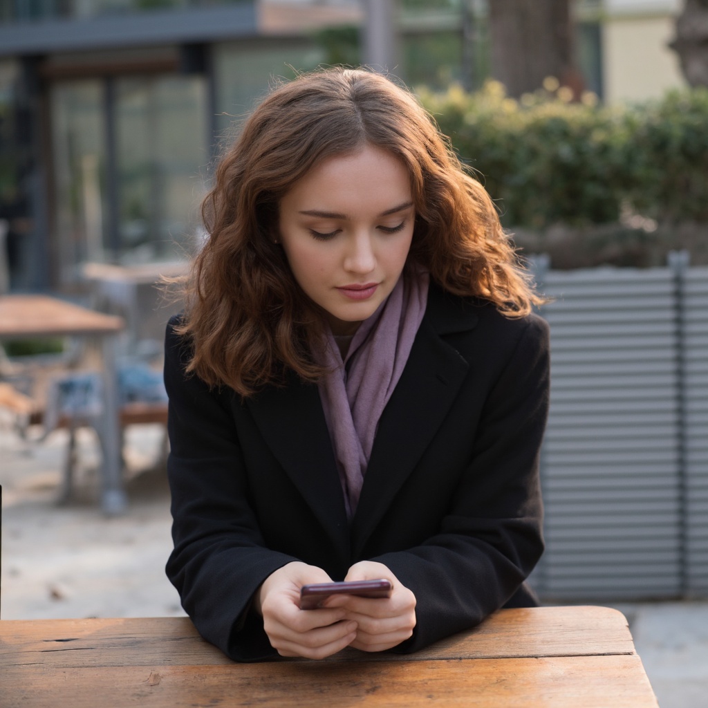 A portrait of olivia_cooke seated at a wooden table in an outdoor cafe. She wears a dark coat and a purple scarf. Her long...