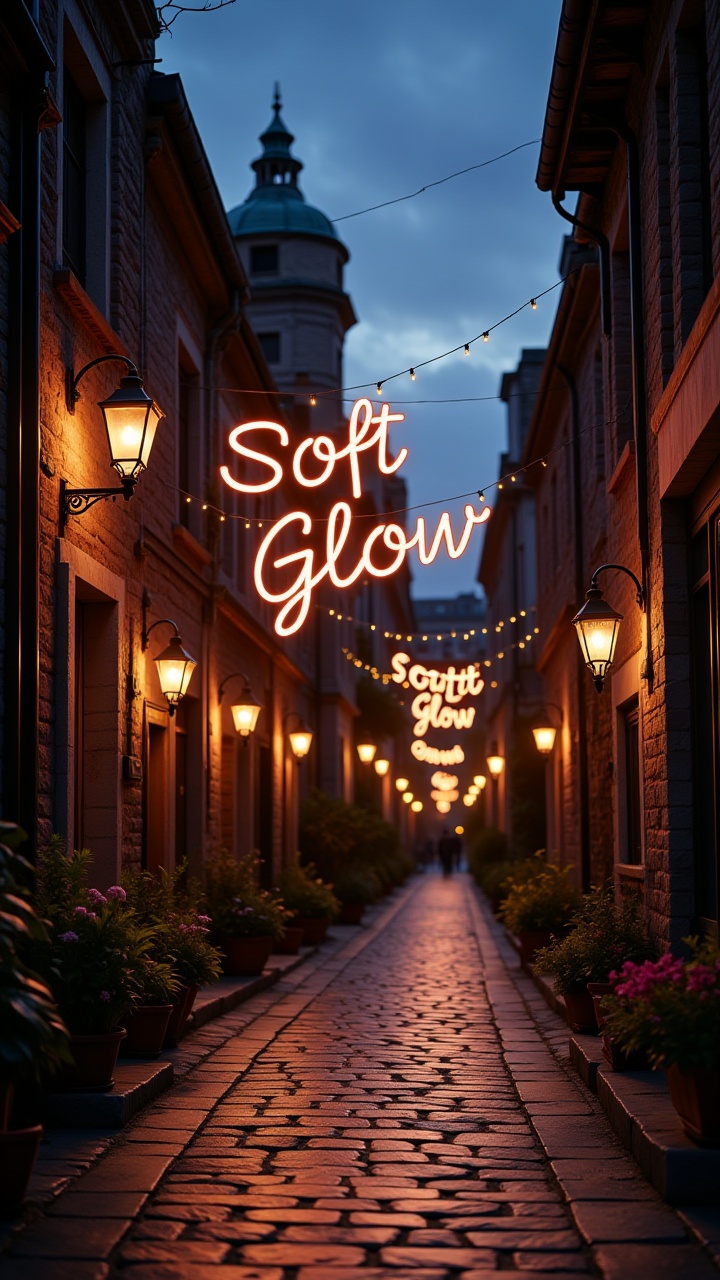 A street at dusk,  bathed in a warm,  soft glow from vintage lamps on Tensor.Art
