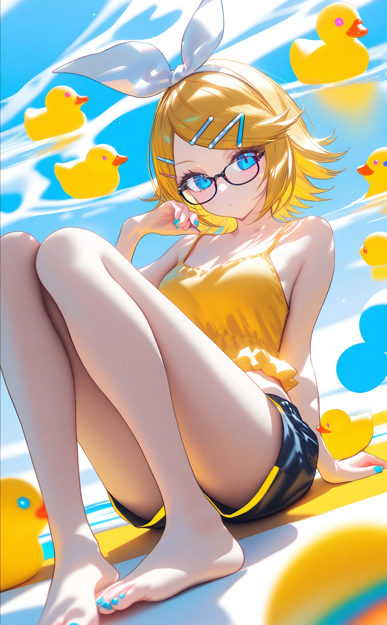 masterpiece,best quality,high quality,(colorful),1girl,kagamine rin,glasses,hair ornament,solo,blonde hair,food,barefoot,shorts,hairclip,nail polish,toenails,toenail polish,blue eyes,rubber duck,yellow camisole,looking at viewer,swept bangs,short,