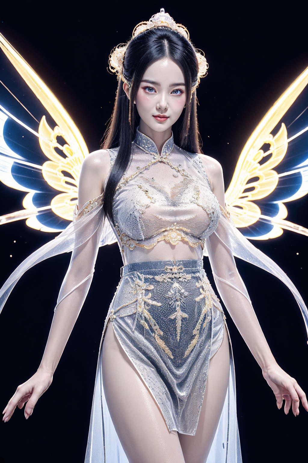 1girl, smirk, solo, multicolored crystal and gem, (see-through white chinese clothes:1.5), (long hair:1.2), (short skirt:1.3), glowing, large breasts, wings, (glowing see-through:1.4), leotard, bare shoulders, (glowing light particles background:1.3),