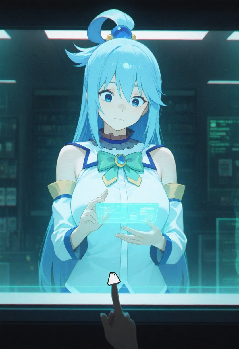 aqua \(konosuba\),  cyberpunk hologram meme,  Aqua frantically swiping at floating cat memes on Tensor.Art