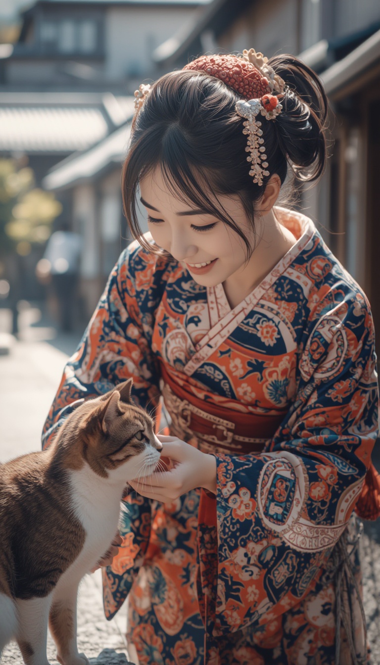 A hyper-realistic close-up scene on a sunny afternoon in the traditional streets of Kyoto. A beautiful maiko in a vibrant,...