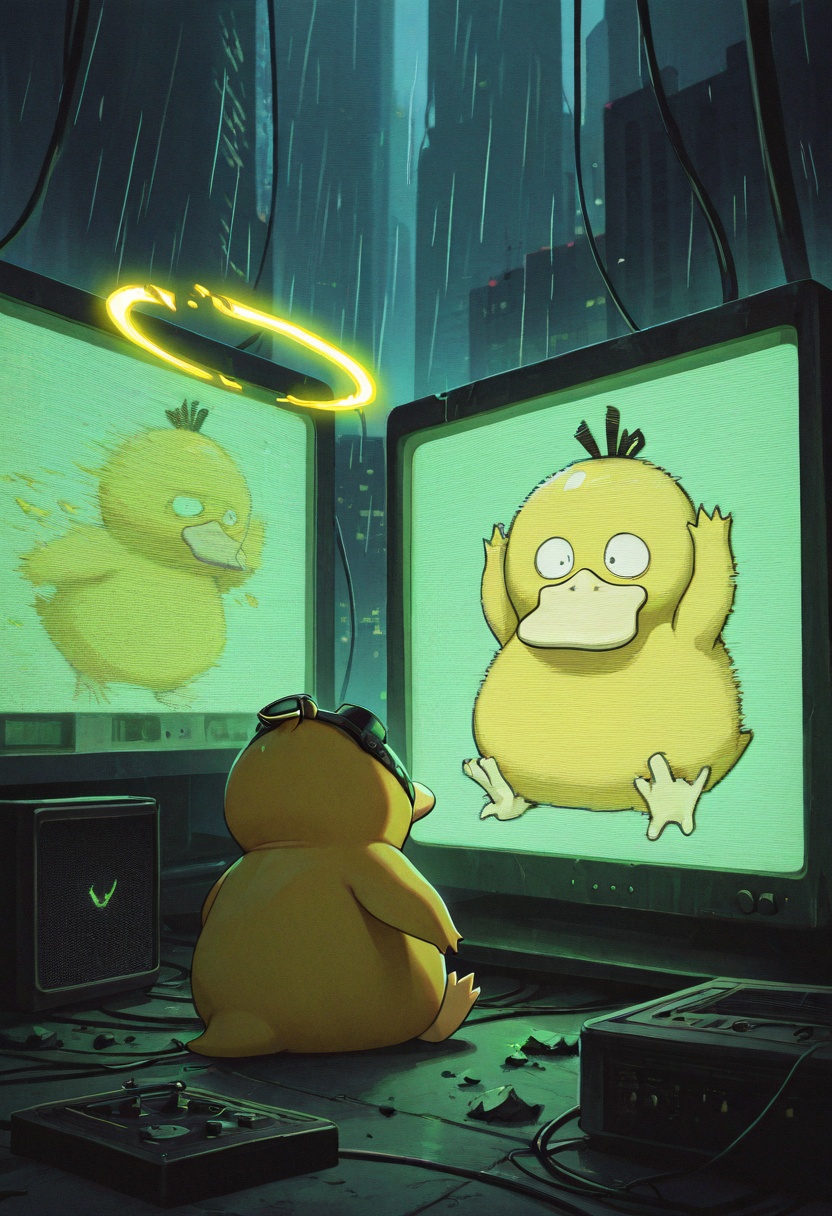 cyberpunk psyduck concept,  8k detail1psyduck,  leaking psychic energy from beak on Tensor.Art