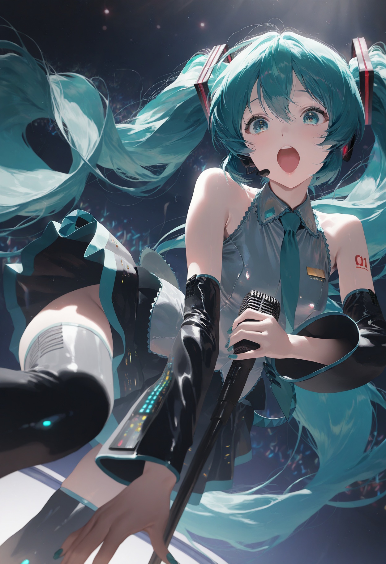 masterpiece,best quality,amazing quality,very aesthetic,absurdres,newest,impactful picture,offcial art,movie perspective,(aos:0.5),(fajyobore:0.5),(chiaroscuro:0.5),dutch angle,Hatsune Miku,dazzling stage,sing loudly,hold the microphone,