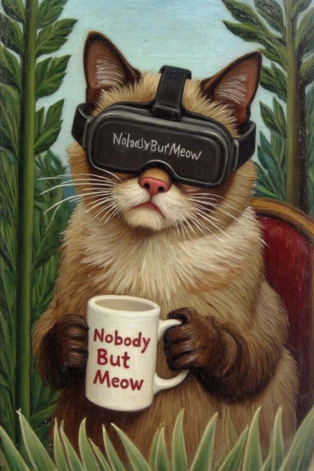 henrou1 paintingGrumpy Cat holding a coffee mug,  wearing a VR Headset. The mug has the phrase "NobodyButMeow" printed on...