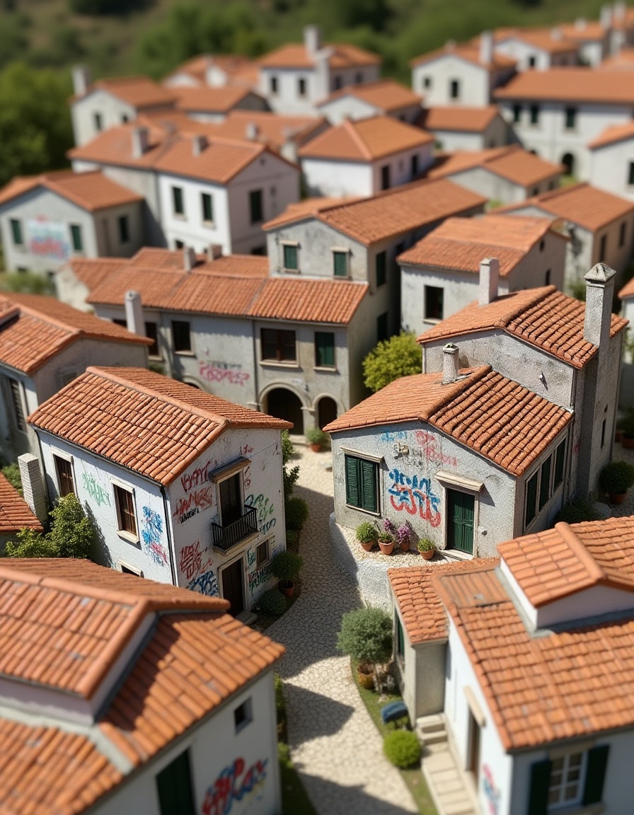 ""Create a highly realistic miniature model of a densely packed Mediterranean-style village,  with each house featuring de...
