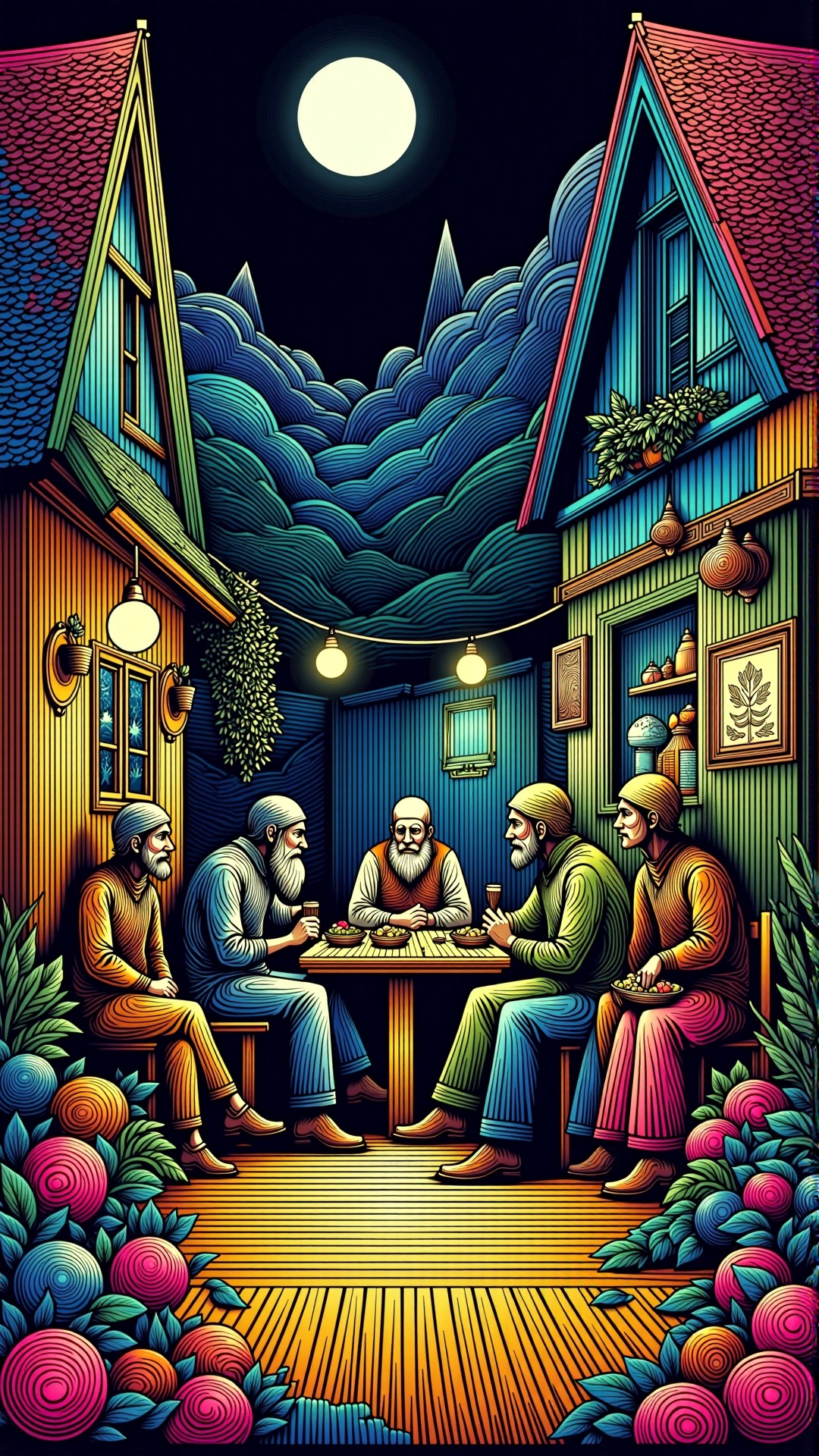 lineart,  colorful,  travellers meeting at an inn for food and rest after a long journey on Tensor.Art