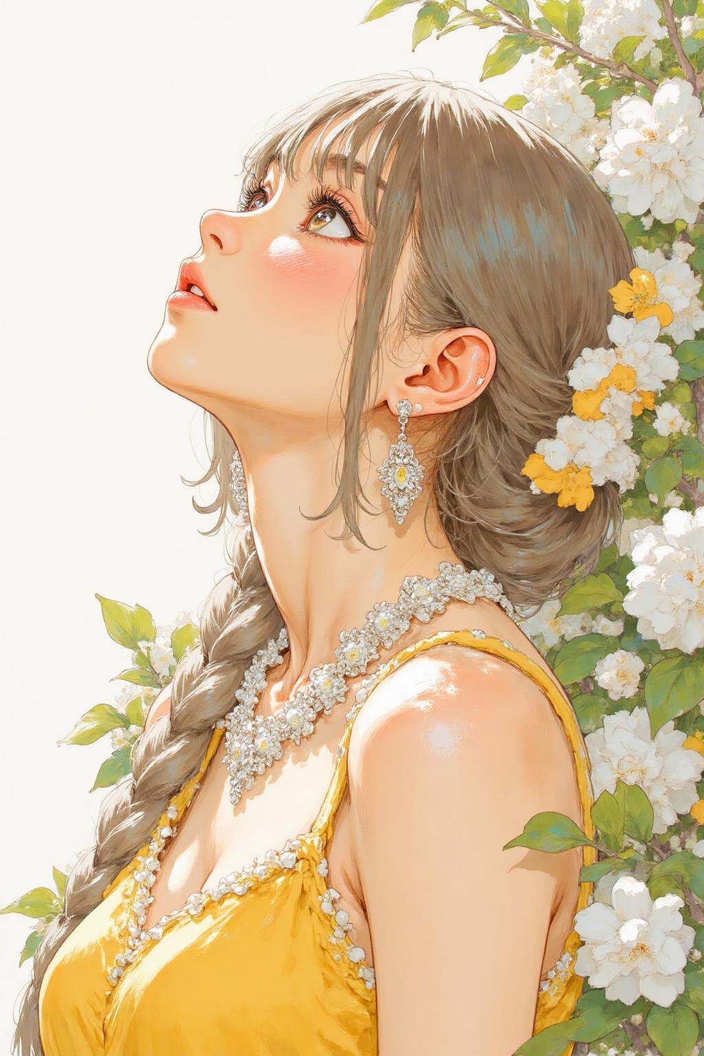 nijiwatercolor2 anime illustration.A young woman with light brown hair styled in a braid,  adorned with white and yellow f...