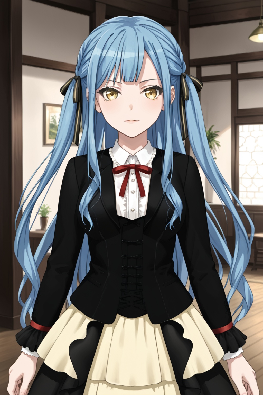 sakiko, 1girl, solo, long hair, bangs, ribbon, blue hair, hair ribbon, two side up, black ribbon, yellow eyes<lora:sakiko-pony:0.8>