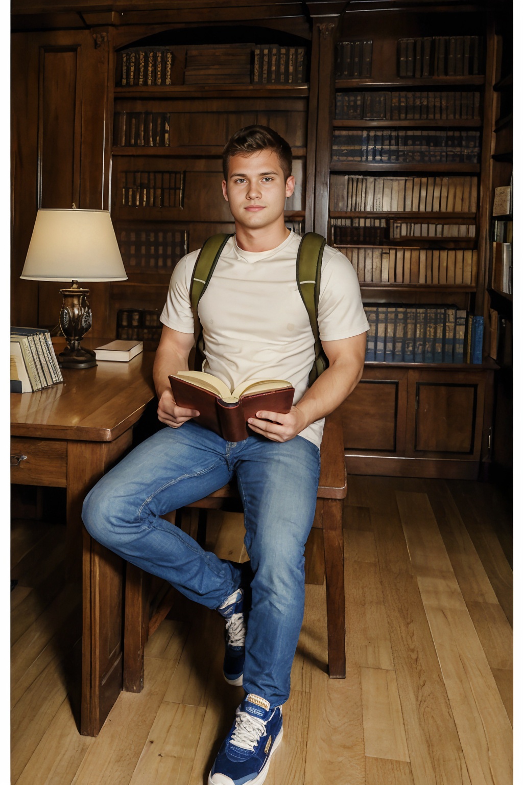 an ornate cavernous reading room of a large collegiate library,  wooden tables,  desk lamp on table on Tensor.Art