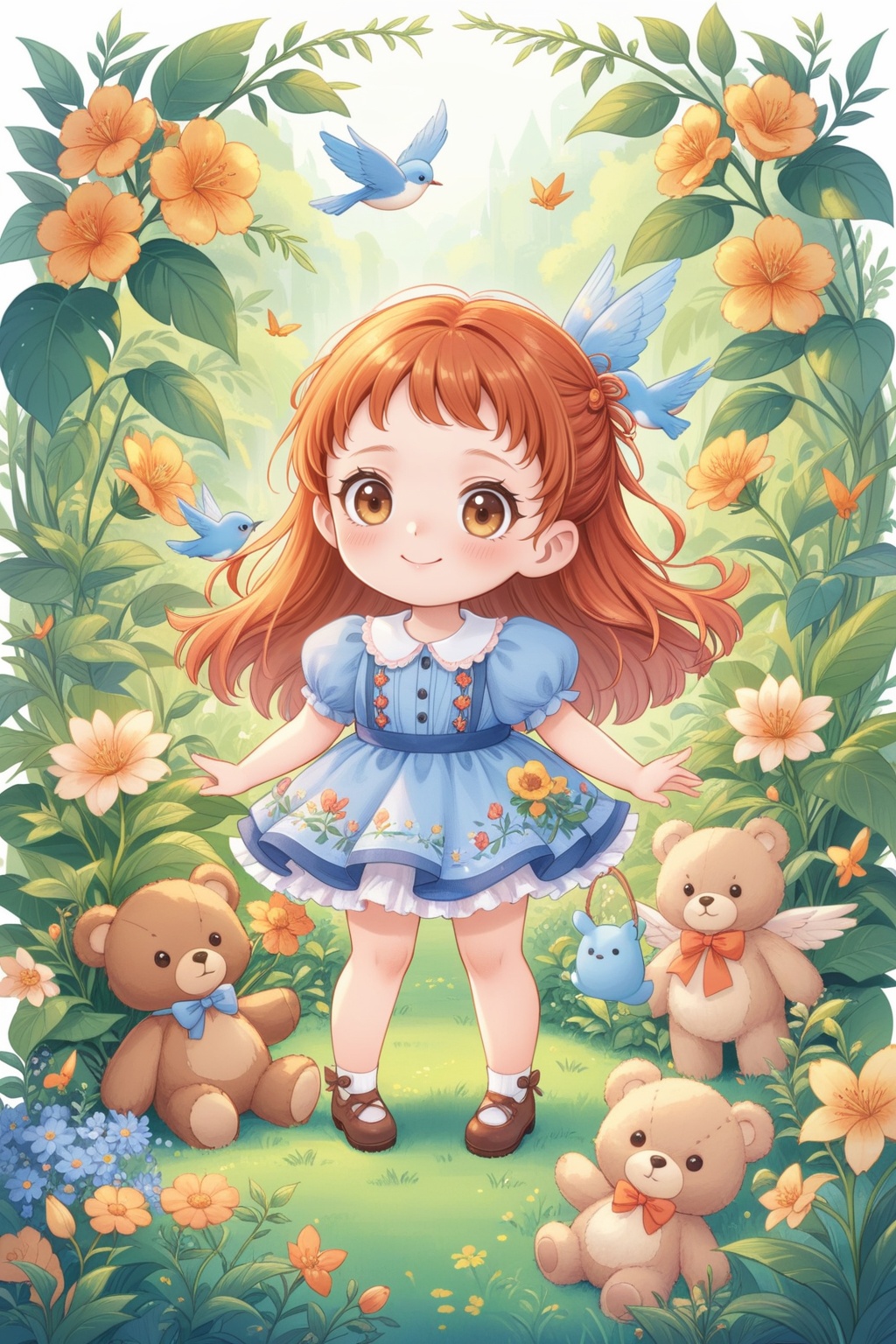 The image is an illustration of a young girl with red hair and big,round eyes. She is standing in a garden with various plants and flowers surrounding her. The girl is wearing a blue dress with a white collar and has a pink bow in her hair. She has a big smile on her face and is looking directly at the viewer.,The background is filled with orange and yellow flowers and leaves,and there are several small animals scattered around her,including a teddy bear and a bird. The overall mood of the image is cheerful and whimsical.,