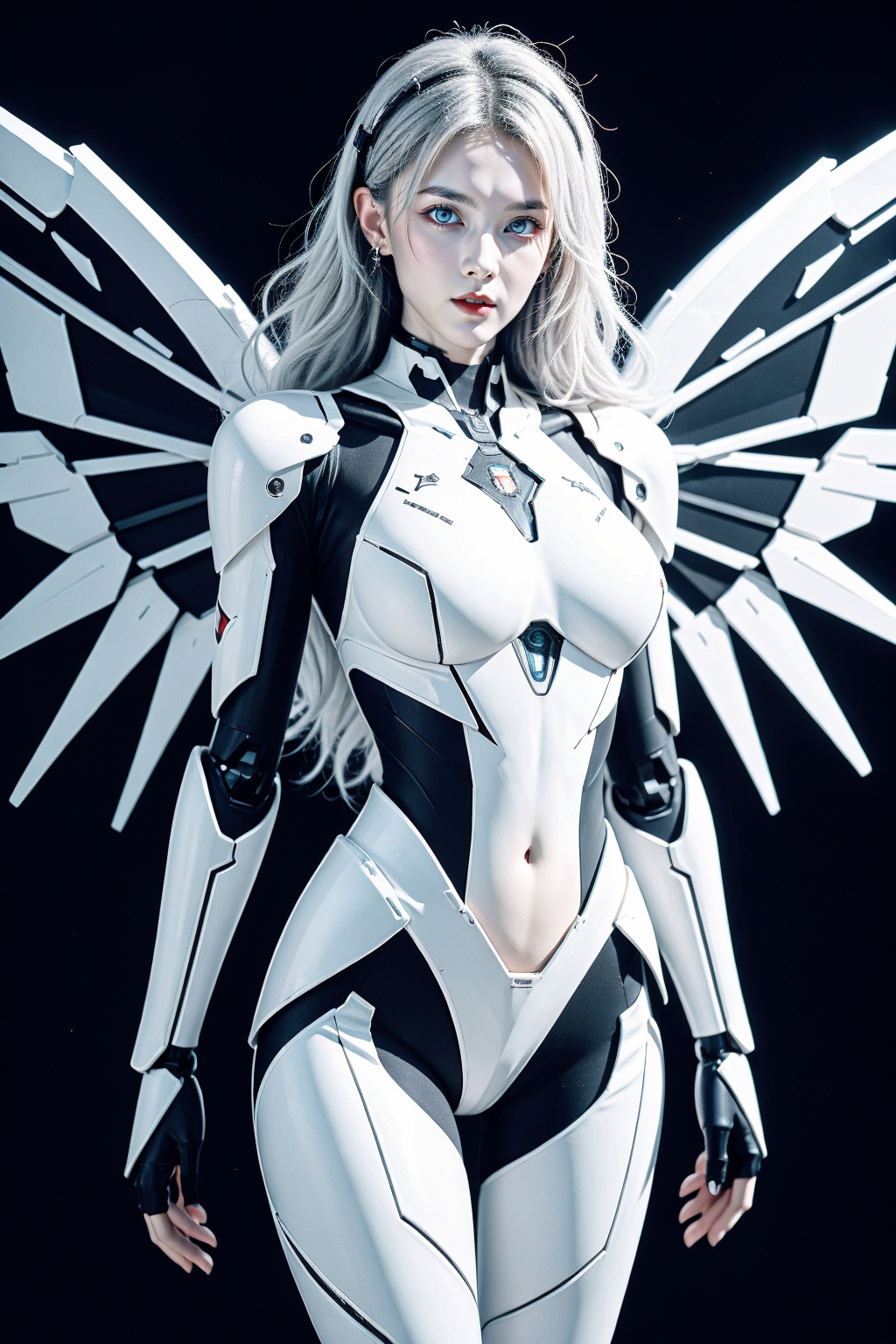 1girl, breasts, solo, long hair, navel, looking at viewer, large breasts, blurry, science fiction, blurry background, blue eyes, headgear, lips, earrings, cowboy shot, standing, black gloves, mechanical arms, thighhighs, arms at sides, cyberpunk, mecha musume, parted lips, clothing cutout, white hair, bodysuit, cyborg, mechanical wings, armor, jewelry, skin tight, grey hair, android, realistic, navel cutout, covered navel, red lips, depth of field, wavy hair, robot joints, artist name, joints, wings, grey eyes, single mechanical arm